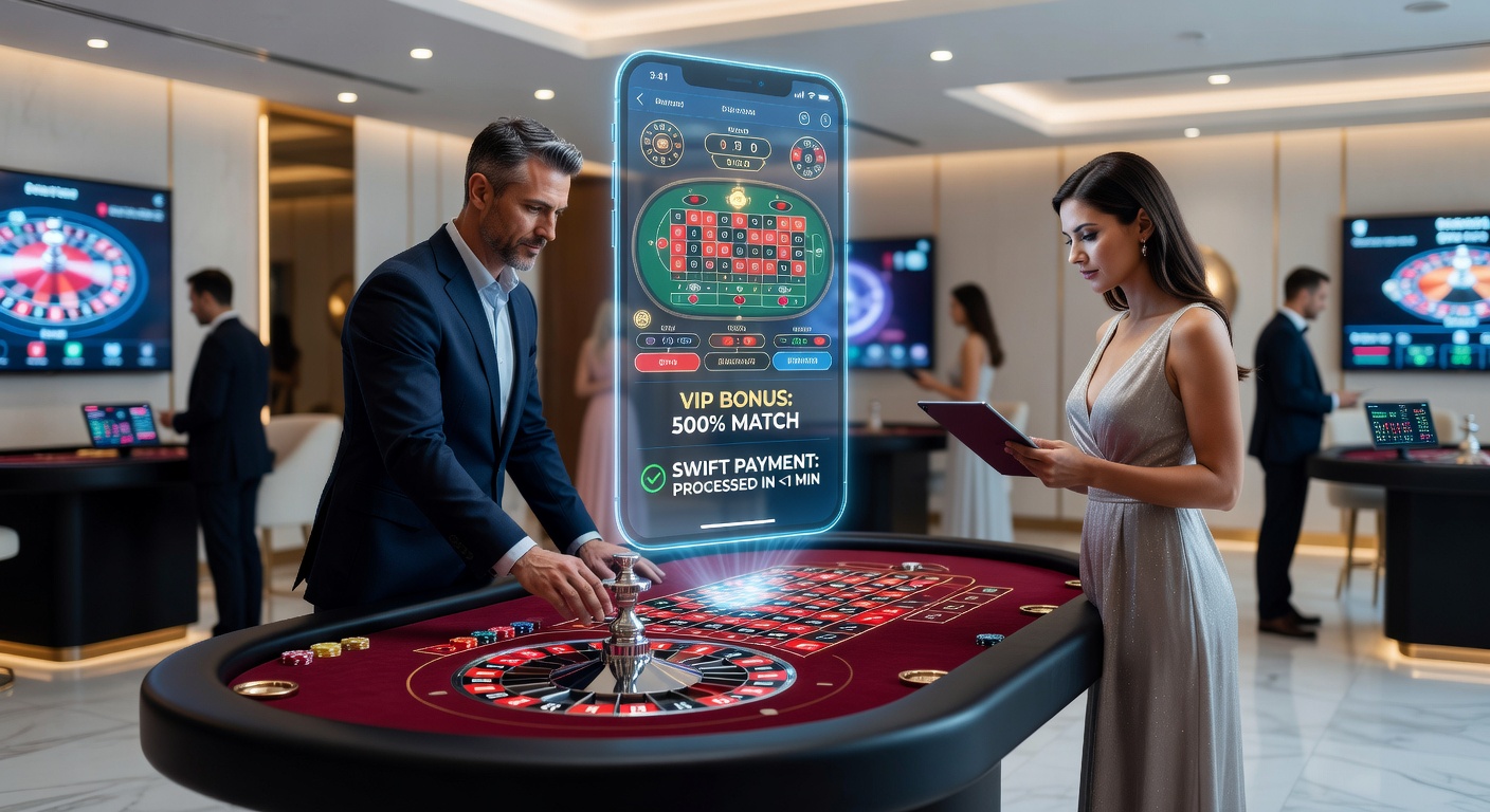 VIP-Bereich eines mobilen Casinos mit goldenen Boni-Chips, Roulette-Rad und Blitz-Auszahlungsikonen auf einem Tablet