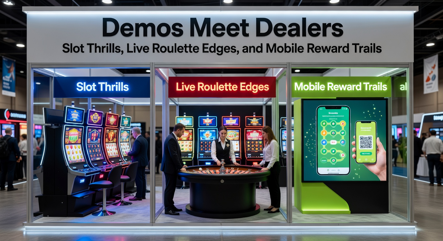 Lebendige Szene mit Demo-Slot-Maschinen neben einem Live-Roulette-Tisch und mobilen Geräten, die Belohnungen anzeigen