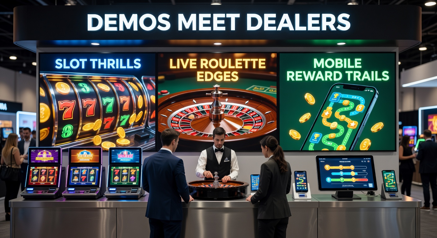 Dynamisches Bild eines Smartphones mit Slot-Demo und Live-Roulette, umgeben von Belohnungspfaden und Dealer-Interaktionen