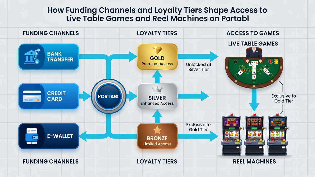 Darstellung von Loyalty-Tiers und mobilen Zugangswegen zu Tisch- und Automatenspielen