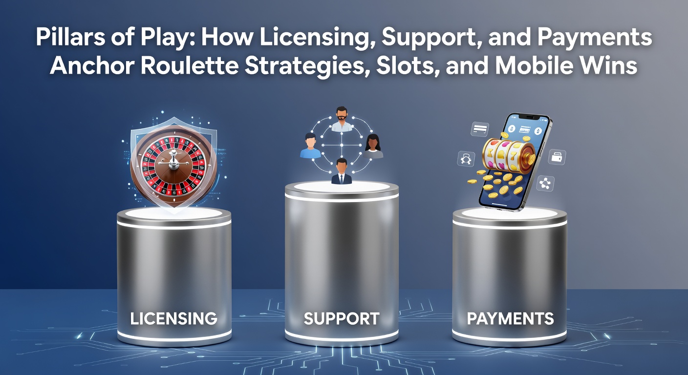 Roulette-Tisch mit Slots im Hintergrund und mobilen Geräten, die Lizenzen, Support-Icons und Zahlungssymbole umgeben