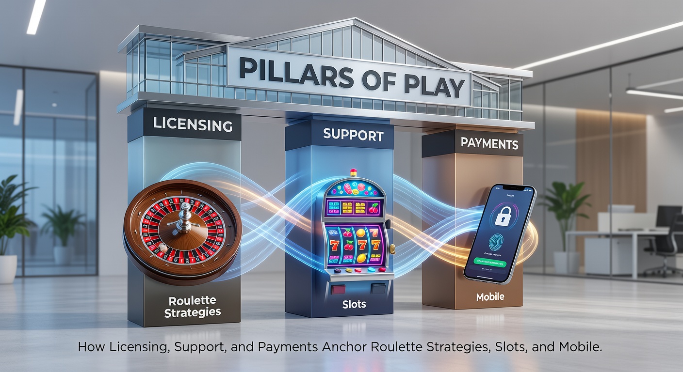 Zahlungsmethoden-Icons neben Support-Chat und Lizenz-Siegeln auf einem Smartphone mit Roulette und Slots