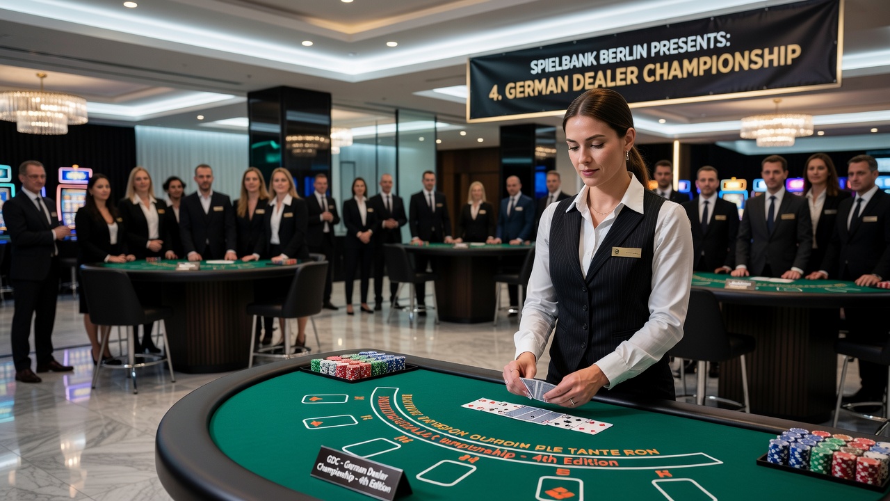 Croupiers bei der Präzisionsübung mit Jetons und Stapeln am Roulette-Tisch während des Championats