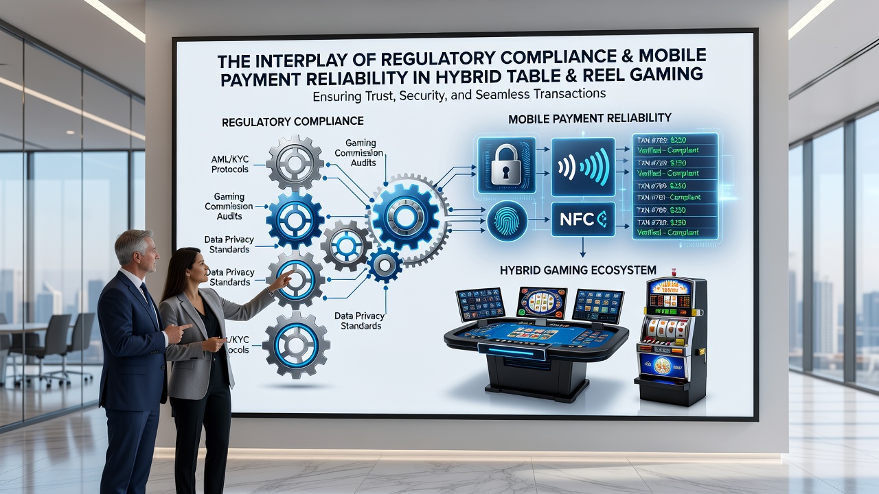 Diagram illustrating secure mobile payment flows between hybrid table games and reel slots under regulatory oversight